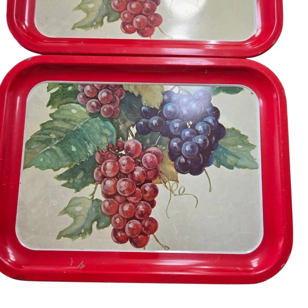Vintage Metal Serving Trays Red Trim W/Grapes Design 10.5
